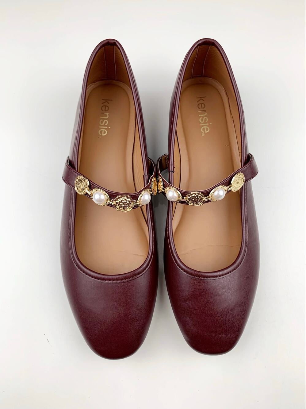 Kensie Eliane Mary Jane Flats Faux Pearls Charms Slip On Red Shoes Women's 9.5